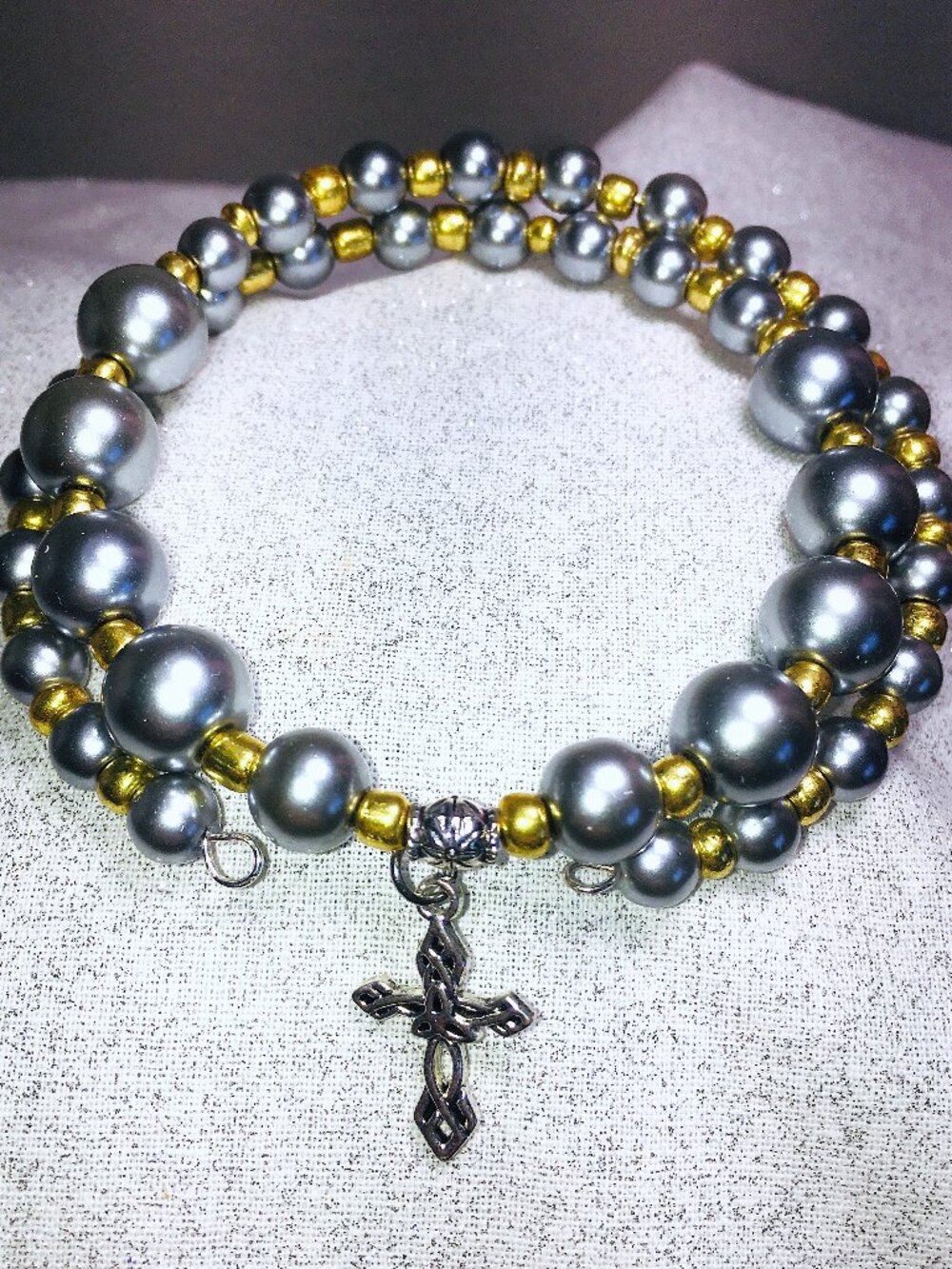 Double Wrap Memory Wire Bracelet – Silver & Gold Beads with Celtic Cross Charm